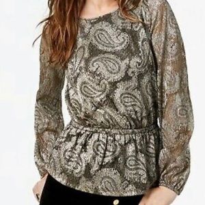Michael Kors Women Gold Paisley Peplum Blouse Sz S